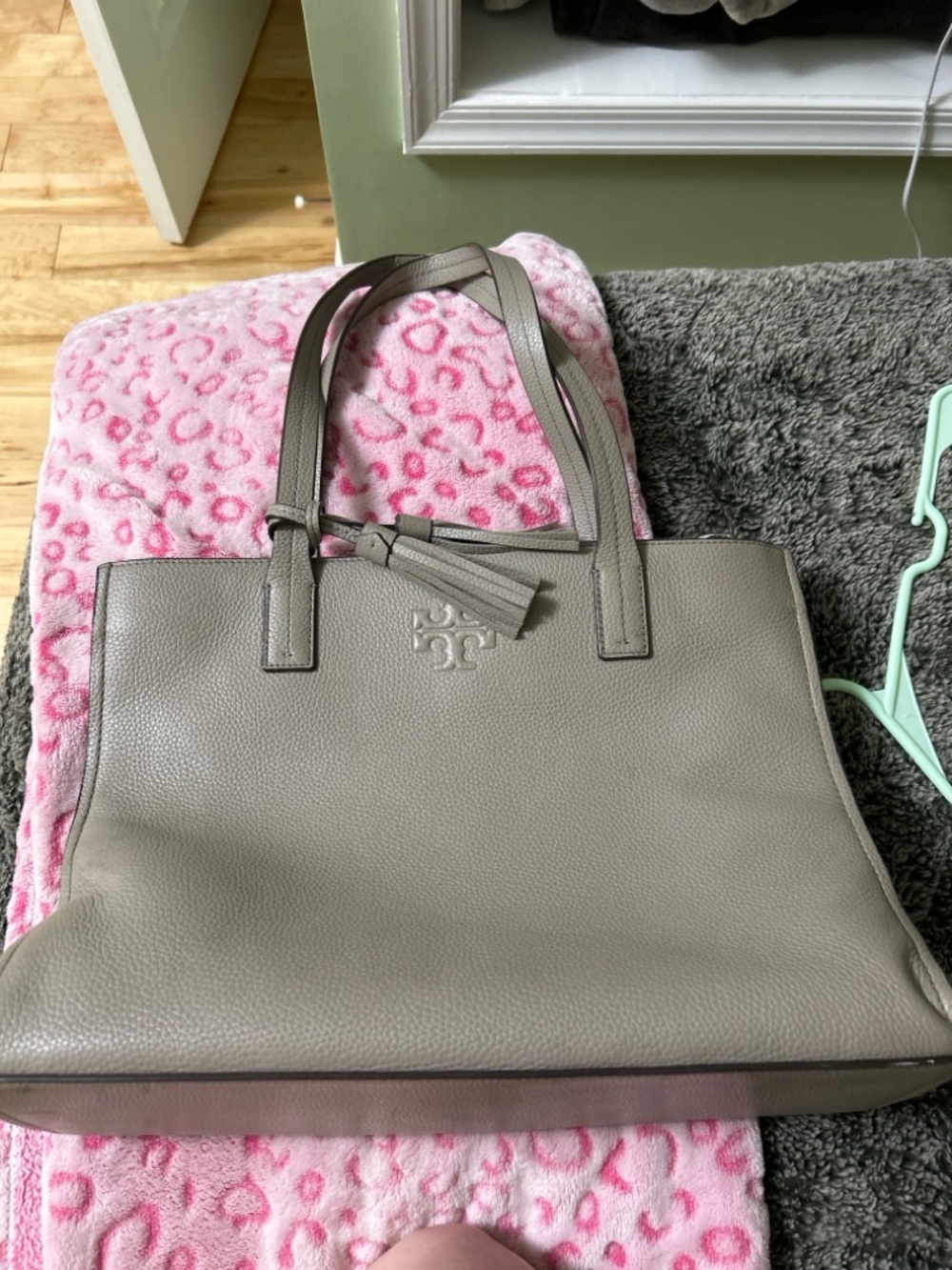 Tory Burch Pebbled Taupe Leather Double-Handle Tote